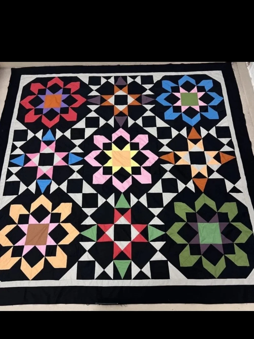 Classic Patchwork Floral Jewel Quilt Top in Black And Multicolor. Queen